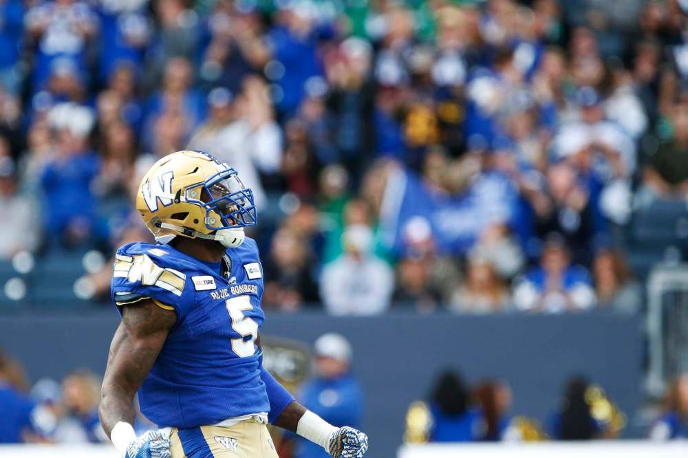 THE CANADIAN PRESS/John Woods
Winnipeg Blue Bombers' Willie Jefferson celebrates a sack on Saskatchewan Roughriders quarterback Cody Fajardo.