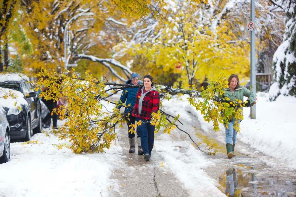 MIKAELA MACKENZIE / WINNIPEG FREE PRESS
Margarete Moulden (left), Morgan MacDonell and Theresa Proctor carry a tree limb off of Theresa's vehicle and down the street in Wolseley on Saturday.