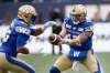 Andrew Harris (left) was handed the ball by Chris Streveler 24 times and racked up 166 yards. (John Woods / The Canadian Press)