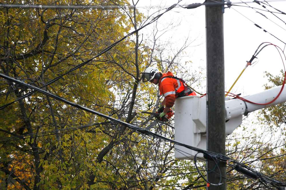 JOHN WOODS / WINNIPEG FREE PRESS
A Manitoba Hydro worker cleans up tree branches around power lines caused by the snowstorm that hammered most of southern Manitoba last weekend. Elections Canada and Manitoba Hydro have come up with a plan to allow field workers to cast their ballots in the federal election Monday.