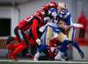 THE CANADIAN PRESS/Jeff McIntosh
Winnipeg Blue Bombers quarterback Chris Streveler, centre, is swarmed by Calgary Stampeders players during the first half in Calgary, Saturday.