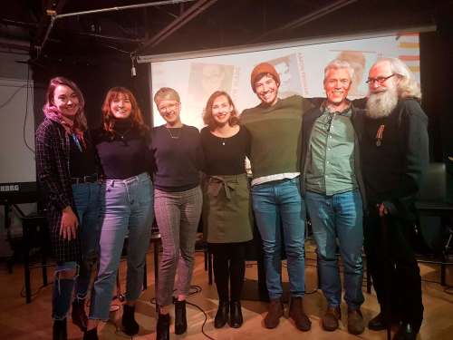 Pants on Fire gang (from left) Sarah Jane Martin, Riva Billows, Angie St. Mars, host Robyn Slade, Aaron Pridham, Gord Tanner and Robert G. Slade. (Maureen Scurfield / Winnipeg Free Press)