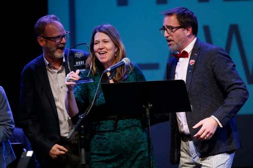 JOHN WOODS / WINNIPEG FREE PRESS
Scott Henderson, Lighting designer, left, Kelly Thornton, Artistic Director, and Christopher Brauer, Director of John, collect the award for Outstanding Production at the Winnipeg Theatre Awards in the West End Cultural Centre Monday.