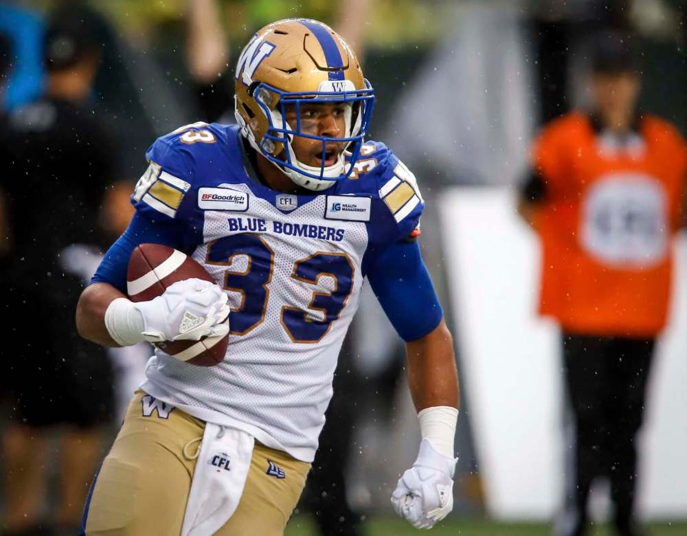 Jeff McIntosh / The Canadian Press Files
Winnipeg Blue Bombers' Andrew Harris was one of six Bombers named CFL divisional all-stars on Wednesday. Harris led the league in rushing for a third-straight season, finishing with 1,380 rushing yards and four touchdowns in 16 games.