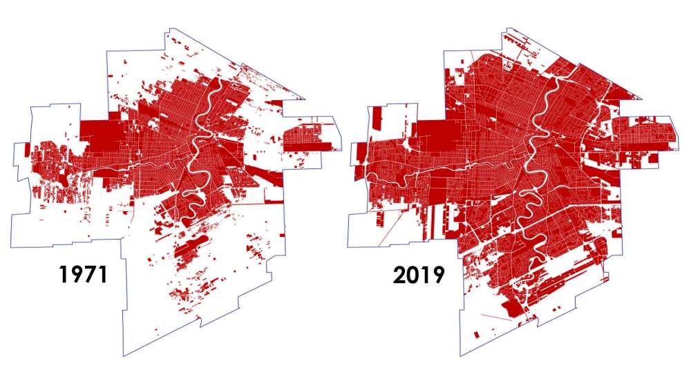 From 1971 to 2019, Winnipeg grew by 197,021 people — a 37 per cent increase. Over that same period, the city’s built-up area increased by 96 per cent. (City of Winnipeg)