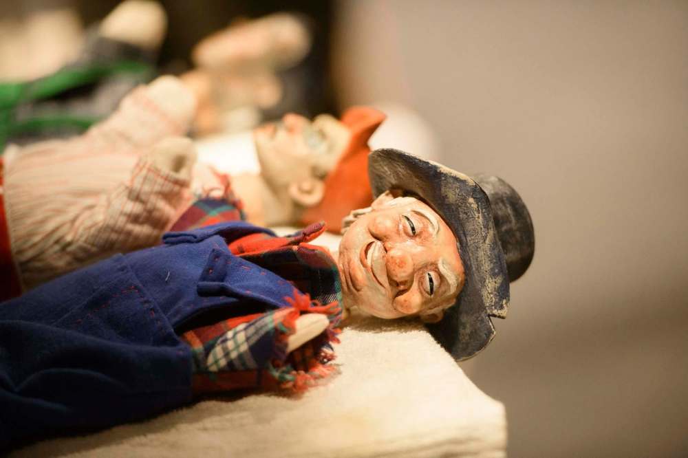The Moonshine Mullins puppet lies next to other puppets on set. (Mike Sudoma / Winnipeg Free Press)