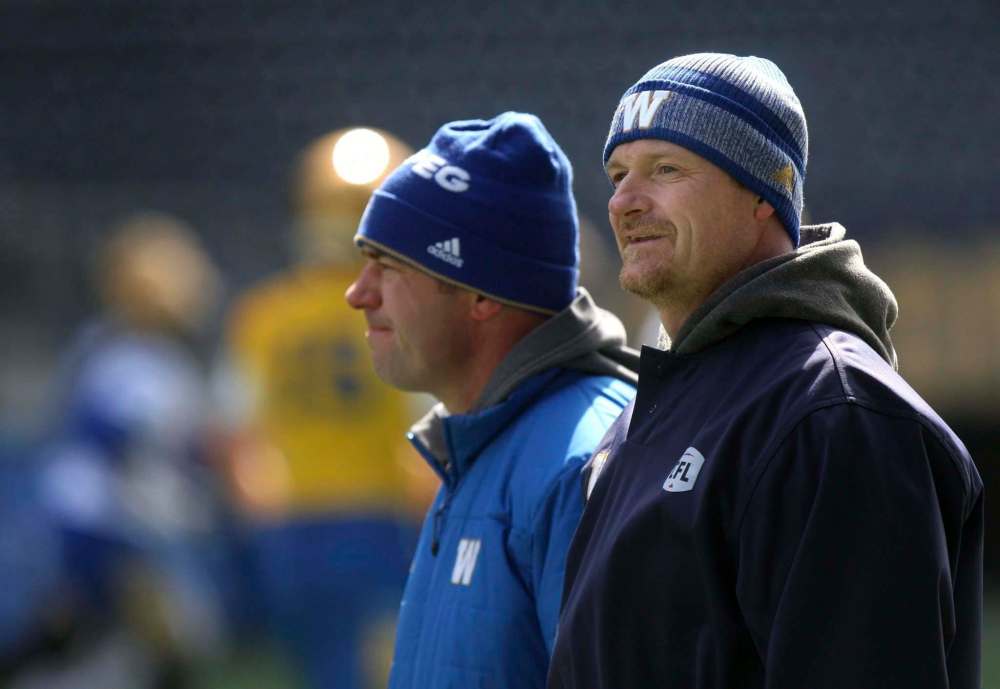 WAYNE GLOWACKI / WINNIPEG FREE PRESS FILES
Blue Bombers general manager Kyle Walters (left) says when head coach Mike O’Shea (right) is ready to re-sign with the team, he can.