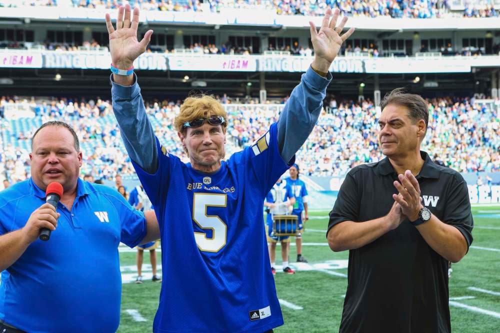 SUPPLIED PHOTOS
Dieter Brock during his induction into the Ring of Honour at Investors Group Field in Winnipeg in 2016. Brock said he is cheering for the Blue Bombers in this Sunday's Grey Cup game.