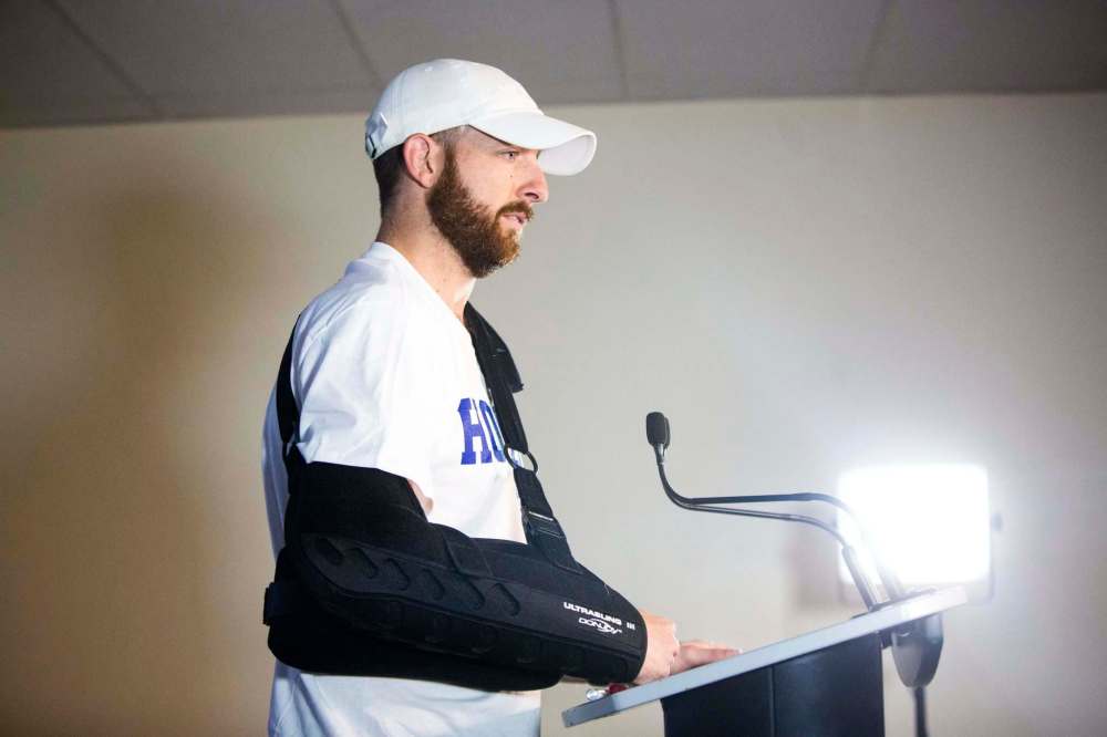 MIKAELA MACKENZIE / WINNIPEG FREE PRESS files
Matt Nichols speaks in October about his season-ending injury following surgery.