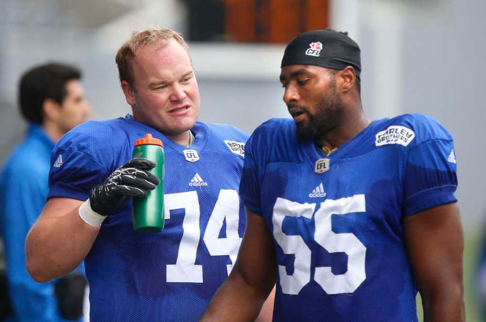 WAYNE GLOWACKI / WINNIPEG FREE PRESS
Defensive linemen Keith Shologan (left) and Jamaal Westerman at the Winnipeg Blue Bombers training camp at Investors Group Field Thursday.