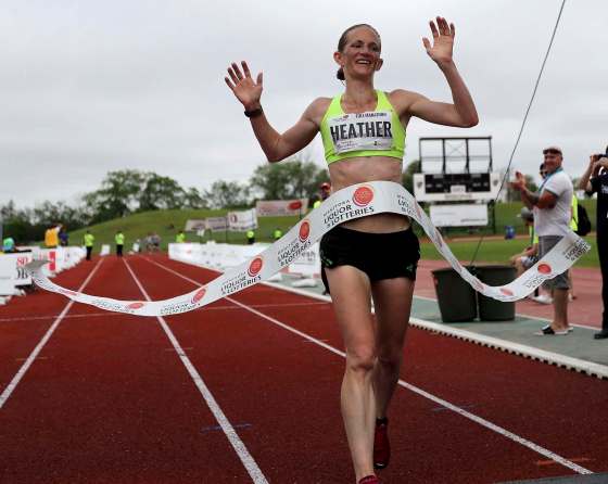 TREVOR HAGAN / WINNIPEG FREE PRESSThe 2016 Manitoba Marathon women's winner Heather Magill crosses the finish line.