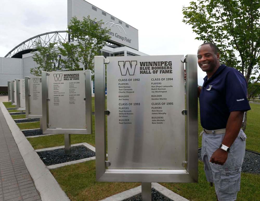 WAYNE GLOWACKI / WINNIPEG FREE PRESS
Former star running back for the Winnipeg Blue Bombers Willard Reaves by the new Blue Bombers Hall of Fame Walk that was unveiled Wednesday at the entrance of Investors Group Field.
