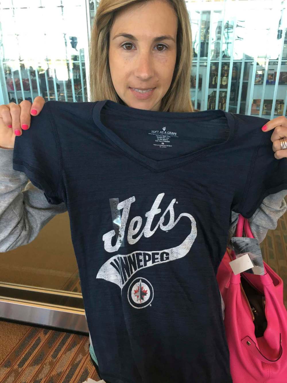 SUPPLIED
Heather Prevalnig flew home to Kelowna Tuesday with the ‘Winnepeg’ Jets T-shirt.