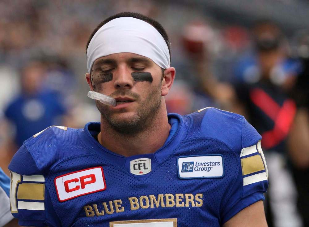 JOE BRYKSA / WINNIPEG FREE PRESSWinnipeg Blue Bombers Weston Dressler leaves Investors Group Field to the dressing room after a first quarter hit by the Montreal Allouettes -June 24, 2016 -(See story)