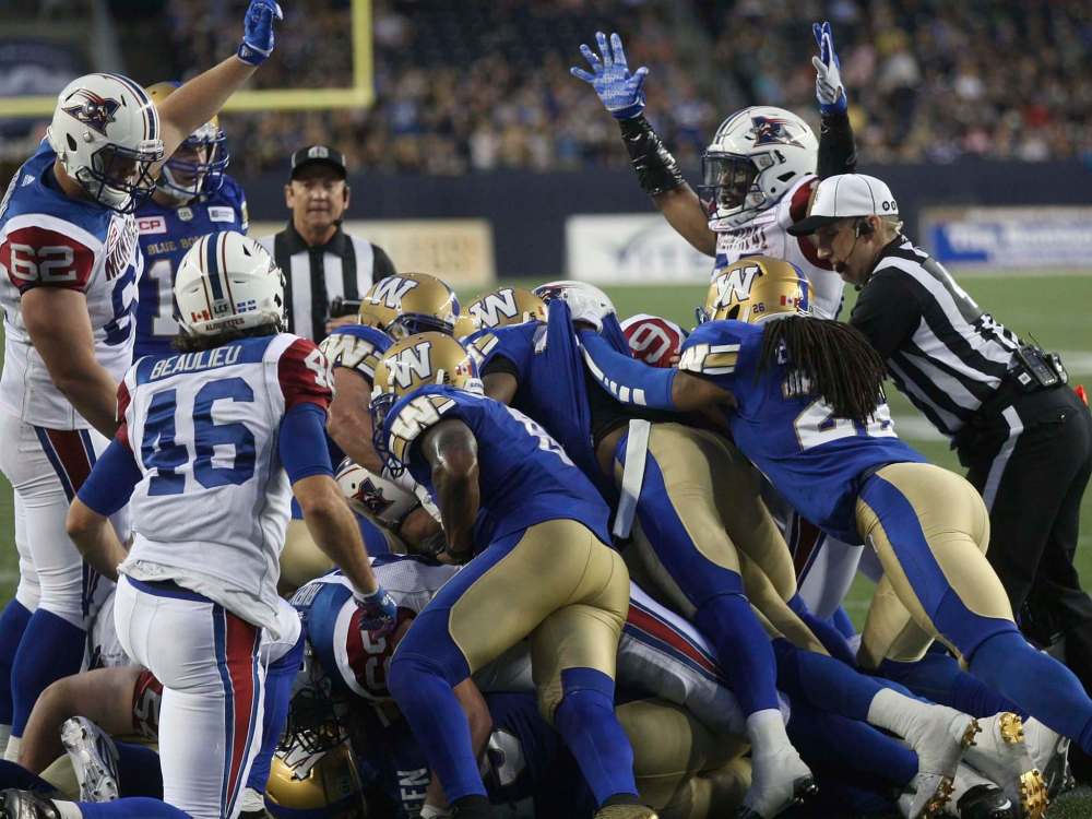 JOE BRYKSA / WINNIPEG FREE PRESSWinnipeg Blue Bombers could not stop Montreal Allouettes in scoring on short yards during first half CFL action in Winnipeg at Investors Group Field -June 24, 2016 -(See story)