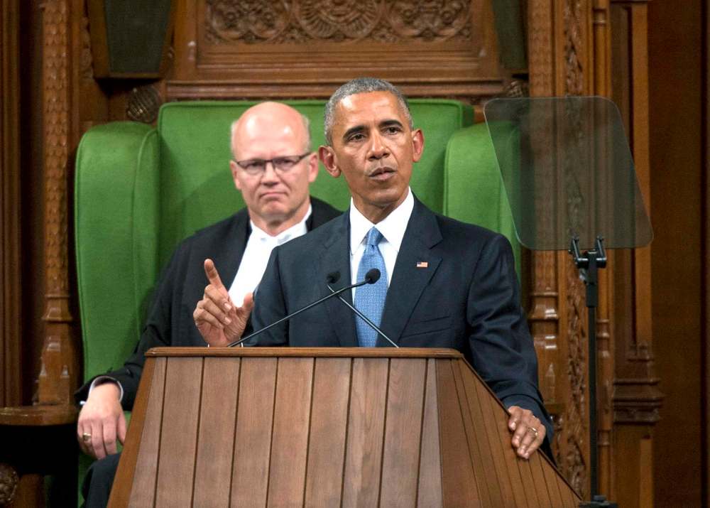 Justin Tang
/ The Canadian Press
U.S. President Barack Obama addresses Parliament in the House of Commons on Parliament Hill, as House Speaker Geoff Regan looks on, in Ottawa on Wednesday, June 29, 2016.