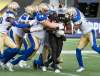 PETER POWER / THE CANADIAN PRESS 
Hamilton Tiger-Cats C.J. Gable (32) is surrounded by Winnipeg Blue Bombers during first half of Thursday's game in Hamilton, Ont.