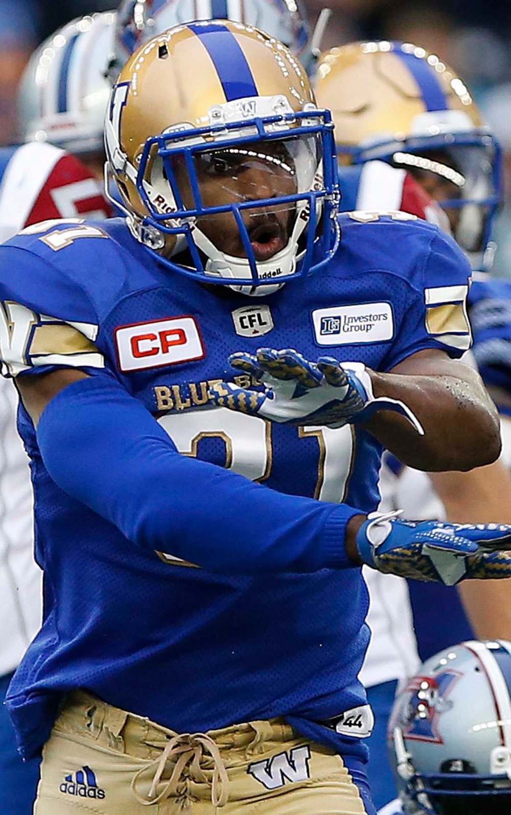 JOHN WOODS / THE CANADIAN PRESS
Winnipeg Blue Bombers' Maurice Leggett celebrates a tackle during the first half of pre-season CFL action against the Montreal Alouettes in Winnipeg last week.
