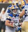 Peter Power / The Canadian Press files
Winnipeg Blue Bombers wide receiver Ryan Smith is congratulated by teammates after his touchdown during first half CFL football action against the Hamilton Tiger Cats on Thursday.