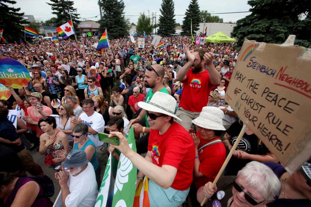 RUTH BONNEVILLE / WINNIPEG FREE PRESS FILES
Thousands gathered on the steps of City Hall to celebrate Steinbach's first ever Pride march Saturday.