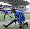 JOE BRYKSA / WINNIPEG FREE PRESS
Winnipeg Blue Bomber DB Chris Randle (front) and Maurice Leggett stretch at practice Monday at Investors Group Field.