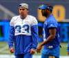 BORIS MINKEVICH / WINNIPEG FREE PRESS
Andrew Harris and Maurice Leggett practice with the team Wednesday in preparation for the Bombers' home game against the Edmonton Eskimos Thursday.