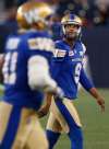 John Woods / The Canadian Press
Winnipeg Blue Bombers' kicker Justin Medlock (9) looks up at the replay of his missed field goal attempt during the second half of CFL action against the Edmonton Eskimos in Winnipeg Thursday.