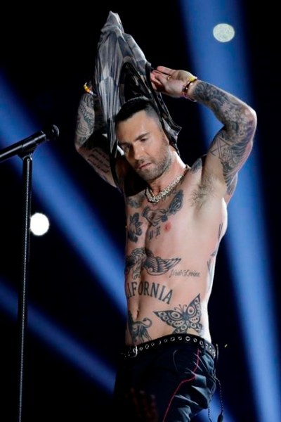 Adam Levine of Maroon 5 performs during halftime of the NFL Super Bowl 53 football game between the Los Angeles Rams and the New England Patriots Sunday, Feb. 3, 2019, in Atlanta. (AP Photo/Mark Humphrey)