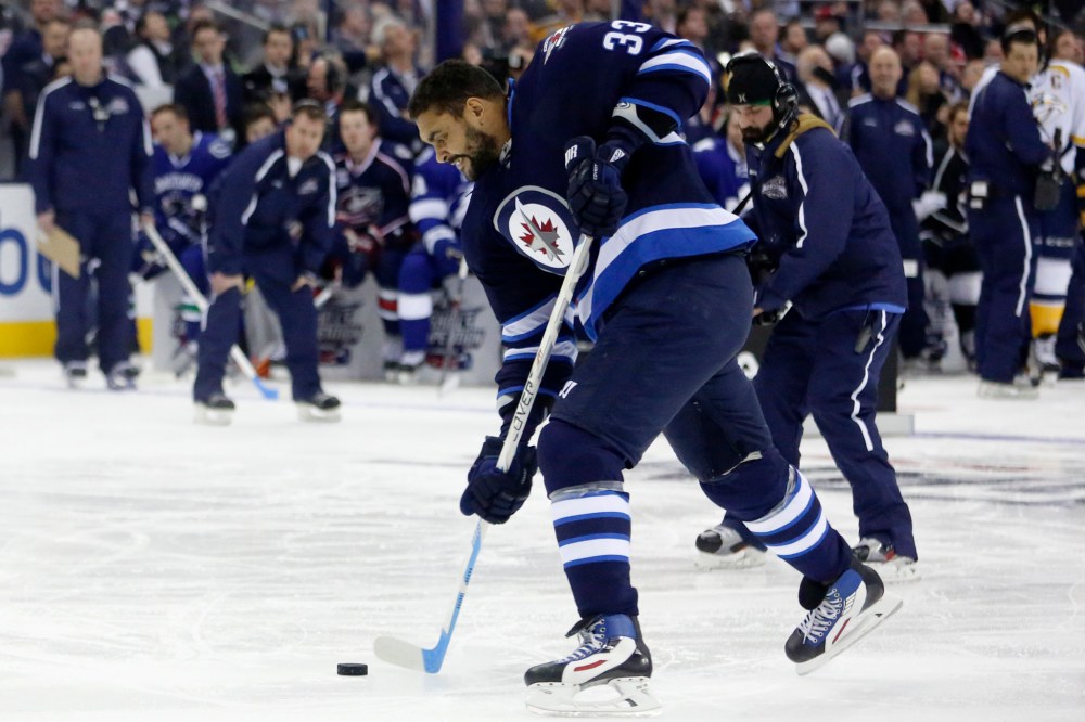 Gene J. Puskar / Associated Press files
Dustin Byfuglien, of Team Foligno, takes a slapshot during the hardest shot competition during the 2015 NHL All-Star hockey skills competition in Columbus, Ohio.