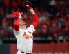St. Louis Cardinals' Miles Mikolas reacts after walking the bases loaded during the fifth inning of Game 1 of the baseball National League Championship Series against the Washington Nationals Friday, Oct. 11, 2019, in St. Louis. (AP Photo/Mark Humphrey)