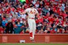 St. Louis Cardinals' Matt Carpenter reacts after striking out during the fifth inning of Game 2 of the baseball National League Championship Series against the Washington Nationals Saturday, Oct. 12, 2019, in St. Louis. (AP Photo/Jeff Roberson)