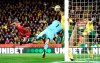 Norwich City goalkeeper Tim Krul saves from Manchester United's Anthony Martial during the Premier League match between Norwich City and Manchester United, at Carrow Road, Norwich, Britain, Sunday, Oct. 27, 2019. (Joe Giddens/PA via AP)