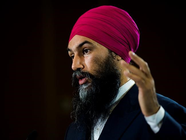 NDP leader Jagmeet Singh speaks to the media during a campaign stop in Vancouver, B.C., on Sunday, October 20, 2019. THE CANADIAN PRESS/Nathan Denette