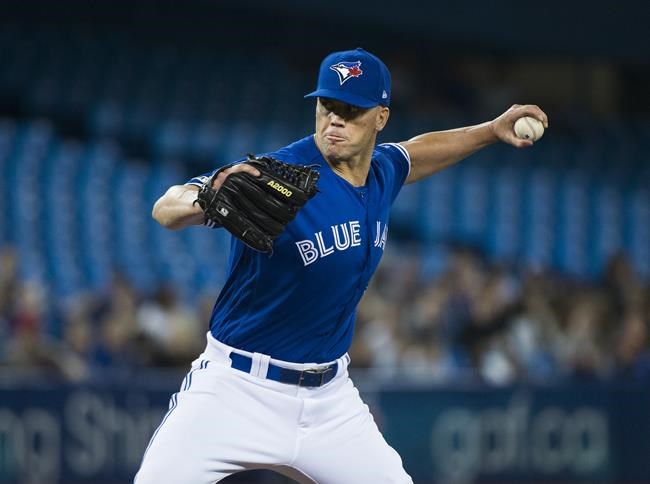 Toronto Blue Jays starting pitcher Clayton Richard (2) works against the Boston Red Sox during first inning American League MLB baseball action in Toronto on Thursday, May 23, 2019. THE CANADIAN PRESS/Nathan Denette
