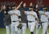 San Francisco Giants centre fielder Kevin Pillar, centre, celabrates with teammates after defeating the Toronto Blue Jays during ninth inning Interleague MLB baseball action in Toronto, on Wednesday, April 24, 2019. THE CANADIAN PRESS/Nathan Denette