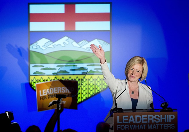 NDP leader Rachel Notley speaks on stage after being named Alberta's new Premier in Edmonton on Tuesday, May 5, 2015. THE CANADIAN PRESS/Nathan Denette