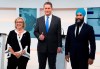 Green Party Leader Elizabeth May, left, Conservative Leader Andrew Scheer, centre, and NDP Leader Jagmeet Singh pose for a photograph before the Maclean's/Citytv National Leaders Debate in Toronto on Thursday, September 12, 2019. THE CANADIAN PRESS/Frank Gunn
