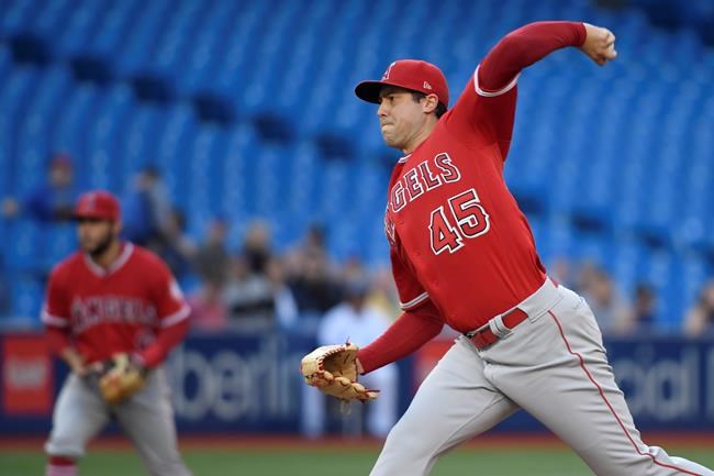 Los Angeles Angels starting pitcher Tyler Skaggs throws against the Toronto Blue Jays during first inning MLB American League baseball action in Toronto on Tuesday June 18, 2019. THE CANADIAN PRESS/Nathan Denette