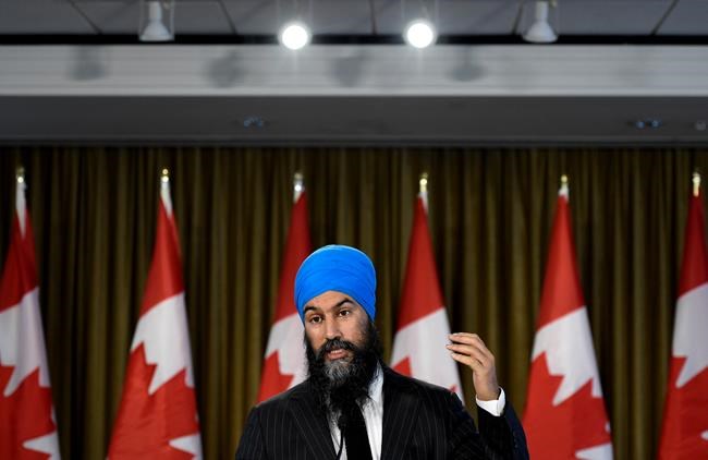 NDP Leader Jagmeet Singh speaks with reporters following the results of the 2019 federal election in Burnaby, B.C., Tuesday, Oct. 22, 2019. THE CANADIAN PRESS/Nathan Denette