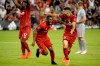 Toronto FC defender Ashtone Morgan (5) celebrates his goal with teammate Jonathan Osorio (21) during second half MLS Soccer action against the New York Red Bulls, in Toronto on Wednesday, July 17, 2019. THE CANADIAN PRESS/Nathan Denette