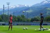 Forward Janine Beckie kicks a ball with assistant coach Andree Jeglertz during a Canadian Women's National Team practice session at Stade Paul Bourgeat in Grieres, France, just outside of Grenoble on Thursday, June 13, 2019. THE CANADIAN PRESS/Neil Davidson