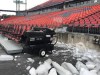 A heater is surrounded by chunks of ice beside the Toronto FC players bench at BMO Field in Toronto on Monday, Feb. 25, 2019. The forecast calls for minus-10 Celsius on Tuesday (feeling like minus-16) for the return leg of the CONCACAF Champions League round-of-16 tie between Toronto FC and Club Atletico Independiente de la Chorrera. Toronto lost the first leg 4-0 last week in the Panama heat on a dry artificial turf surface. THE CANADIAN PRESS/Neil Davidson