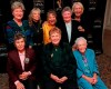 FILE - In this Oct. 19, 1999, file photo, eight founders of the Ladies Professional Golf Association (LPGA) pose at a celebration of the association's 50th anniversary in New York. Back row from left are Marilynn Smith, Marlene Hagge, Alice Bauer, Louise Suggs and Betty Jameson. Front row from left are Bettye Sanoff, Shirley Spork and Patty Berg. Marilynn Smith died Tuesday, April 9, 2019. She was 89.(AP Photo/Stuart Ramson, File)