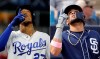 FILE - At left, in an Aug. 14, 2018, file photo, Kansas City Royals' Adalberto Mondesi celebrates after hitting an RBI single during the fourth inning of a baseball game against the Toronto Blue Jays, in Kansas City, Mo. At right, in a Feb. 26, 2019, file photo, San Diego Padres' Fernando Tatis Jr. celebrates after hitting a two-run home run during the third inning of a spring training baseball game against the Milwaukee Brewers, in Phoenix. The Padres' Fernando Tatis Jr. and the Royals' Adalberto Mondesi have never met, but it's probably long overdue. They'd have a lot to talk about. Both are hot young shortstop prospects, with big league fathers and roots in the Dominican Republic. (AP Photo/Charlie Riedel, File)
