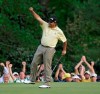FILE - In this April 12, 2009, file photo, Angel Cabrera, of Argentina, celebrates after winning the Masters golf tournament in a sudden-death playoff at Augusta National Golf Club in Augusta, Ga. Ten years ago, he became the first Argentine to win the Masters. (AP Photo/Morry Gash, File)