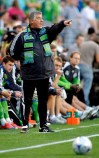 FILE - In this May 30, 2009, file photo, Seattle Sounders coach Sigi Schmid gestures from the sideline during the first half against the Columbus Crew in a MLS soccer match in Seattle. The match was Schmid's first against the Crew since he left the team at the end of the 2008 season to coach the Sounders. Schmid, the winningest coach in MLS history, has died. He was 65. Schmid's family said he died Tuesday, Dec. 25, 2018, at Ronald Reagan UCLA Medical Center in Los Angeles. Schmid was hospitalized three weeks ago as he awaited a heart transplant. (AP Photo/Ted S. Warren, File)