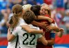 FILE - In this July 5, 2015, file photo, United States' Carli Lloyd, right, celebrates with teammates after Lloyd scored her third goal against Japan during the first half of the FIFA Women's World Cup soccer championship in Vancouver, British Columbia, Canada, Sunday, July 5, 2015. The U.S. national team, ranked No. 1 globally, will try to defend its title in soccer’s premier tournament, which kicks off on June 7. (AP Photo/Elaine Thompson, File)