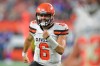 FILE - In this Aug. 17, 2018, file photo, Cleveland Browns quarterback Baker Mayfield celebrates in the second half of the team's NFL football preseason game against the Buffalo Bills, in Cleveland. With a shocking, blockbuster trade for superstar wide receiver Odell Beckham Jr., the Browns flipped the NFL on its helmet and instantaneously changed their national perception. The Browns roster now includes Beckham, Mayfield, Jarvis Landry and Myles Garrett. (AP Photo/David Richard, File)