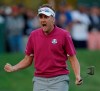 FILE - In this Saturday, Sept. 29, 2012 file photo, Europe's Ian Poulter reacts after making a putt on the 16th hole during a four-ball match at the Ryder Cup PGA golf tournament at the Medinah Country Club in Medinah, Ill. Poulter returns to Medinah this week for the BMW Championship. (AP Photo/Chris Carlson, File)