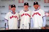 FILE - In this Jan. 23, 2019, file photo, Baseball Hall of Fame inductees Edgar Martinez, left, Mike Mussina, center, and Mariano Rivera, right, pose for photographs during news conference in New York. Baseball Hall of Fame induction ceremonies are on Sunday, July 21, 2019, in Cooperstown, N.Y. (AP Photo/Frank Franklin II)